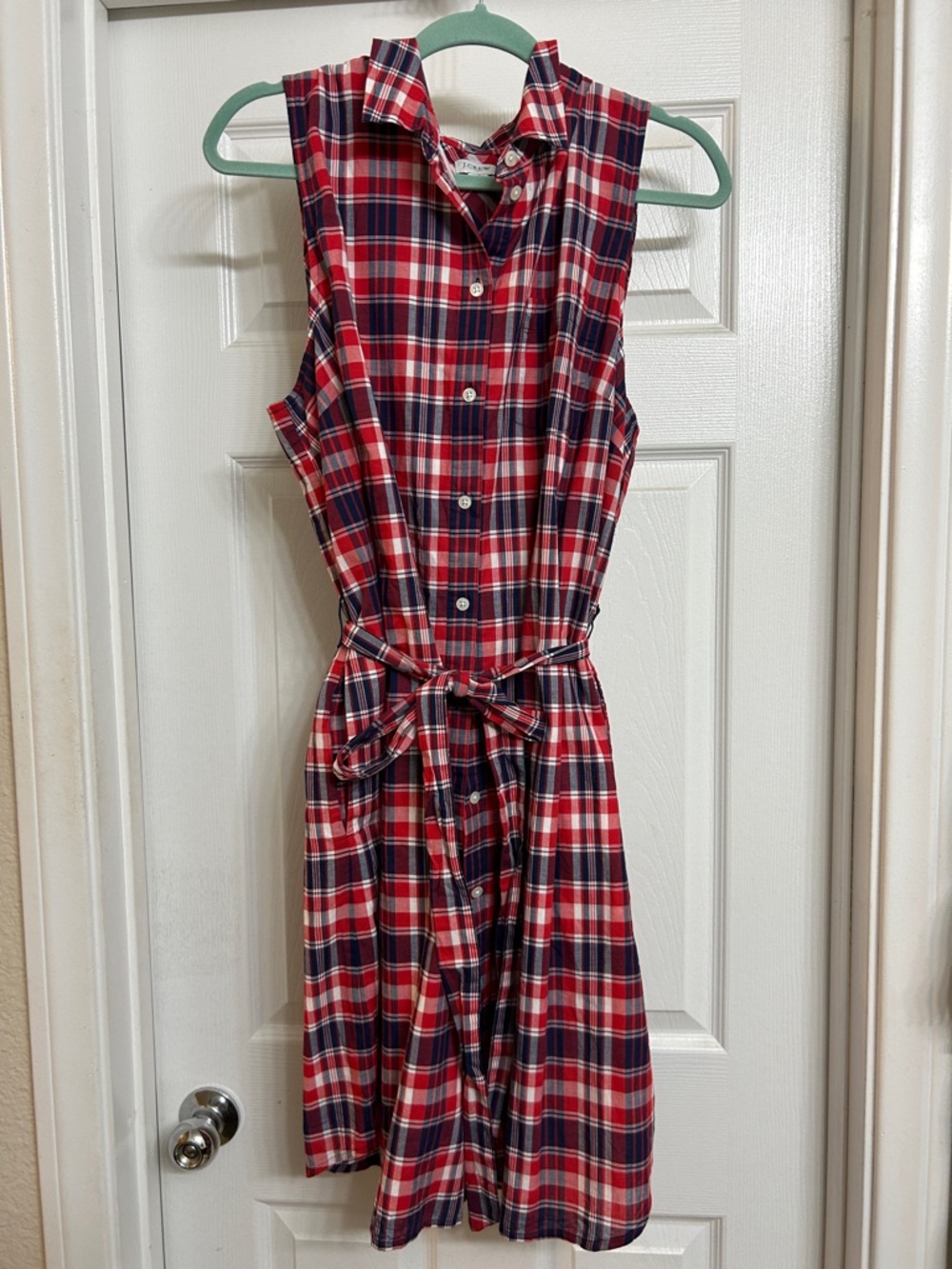 J. Crew Red & Navy Plaid Sleeveless Button-Front Midi Dress with Tie size 16 NWT